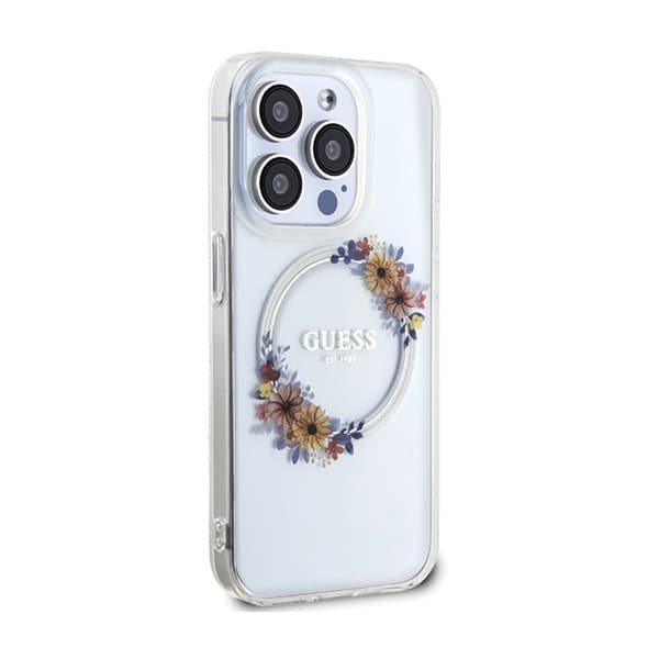 Guess IML Flowers Wreath MagSafe - iPhone 15 Pro -kotelo (läpinäkyvä)