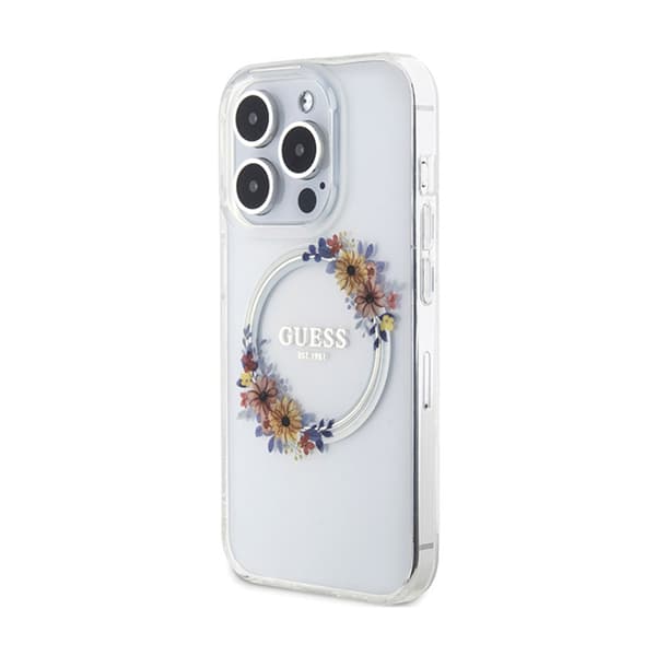 Guess IML Flowers Wreath MagSafe - iPhone 15 Pro -kotelo (läpinäkyvä)