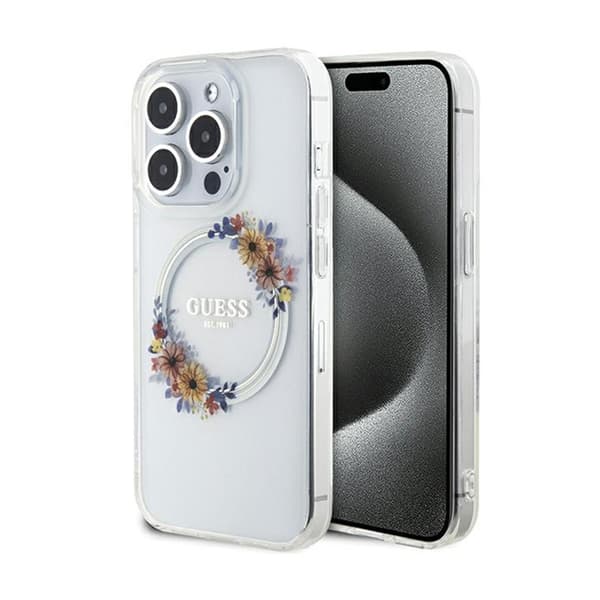 Guess IML Flowers Wreath MagSafe - iPhone 15 Pro -kotelo (läpinäkyvä)