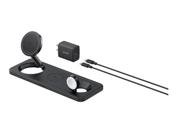 Anker MagGo - Trådløs ladepute - 3-i-1 + AC-strømadapter - 25 watt - Apple Fast Charge, IQ - svart Sort