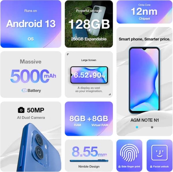 AGM-mobiler - NOTE N1 4G Smartphone 128GB - Android 13 - 50MP - Mörkgrå