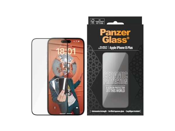 PanzerGlass Ceramic Protection - Skärmskydd för mobiltelefon - ultrabred passning med EasyAligner - glas - ramfärg svart - för Apple iPhone 15 Plus