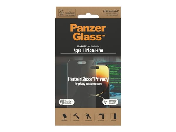 PanzerGlass Ultra-Wide Fit Privacy Appl, Apple, Apple - iPhone 14 Pro, Asennus kuivana, Naarmuuntumisenkestävä, Iskunkestävä, Antibakteerinen, Läpinä