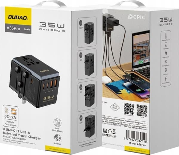 Dudao Dudao A35Pro reiseadapter 35W EU / UK / AUS / US / JP 3x USB-C 2x USB-A - svart