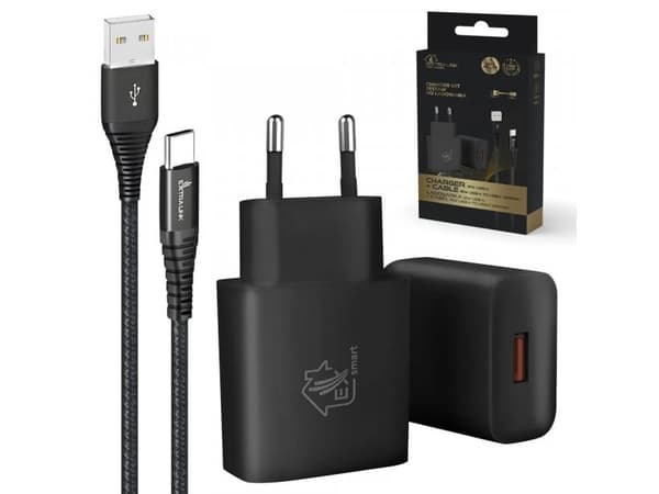 Extralink Smart Life | USB type A til type C sett, 200 cm, svart + 12 W lader | Svart