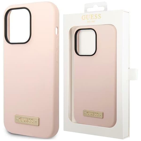 Guess GUHMP14XSPLLP beskyttelsesdeksel for iPhone 14 Pro Max - rosa Silikon Logo Plate MagSafe