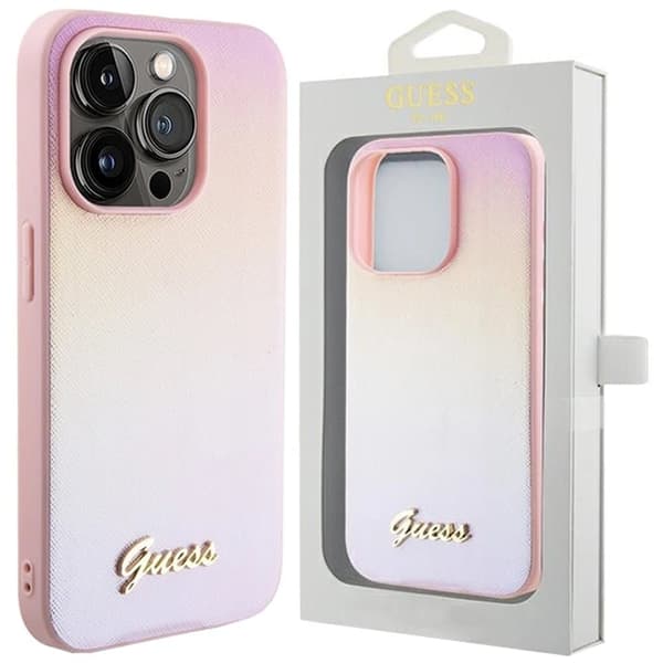 Guess Saffiano Iridescent Script-deksel til iPhone 14 Pro - Rosa