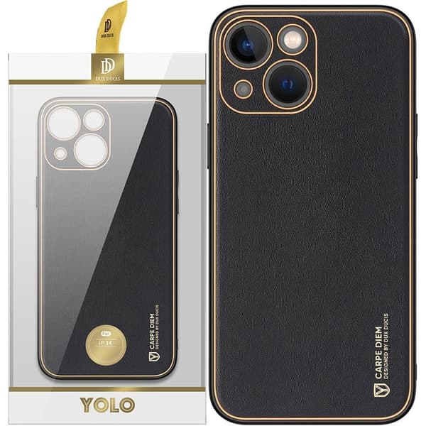 Dux Ducis Yolo iPhone 14 Plus-deksel, stilig beskyttelsesdeksel laget av svart økologisk skinn