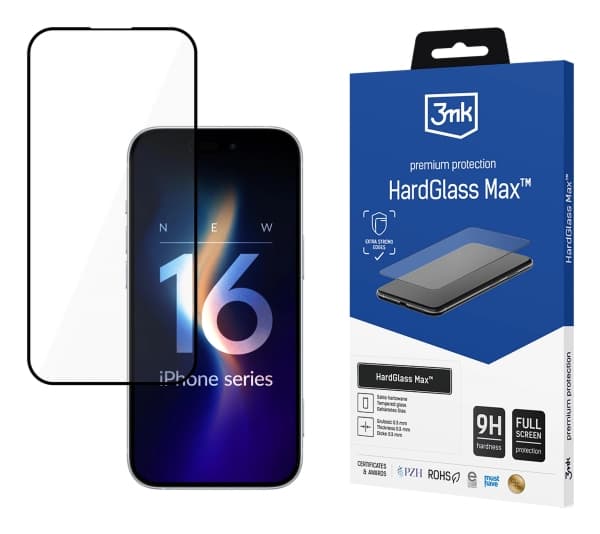 3MK HardGlass Max, Apple, iPhone 16 Plus, Fallsäker, Reptålig, Svart, Transparent, 1 styck