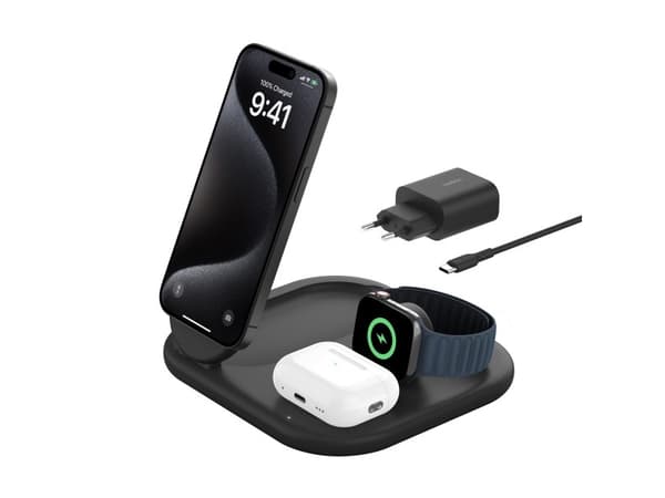 Belkin BoostCharge 3-in-1 - Trådløst ladestativ - magnetisk, sammenleggbar, med Qi2 + AC-strømadapter - 15 watt - Fast Charge - svart