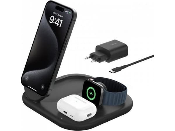 Belkin BoostCharge 3-in-1 - Trådløst ladestativ - magnetisk, sammenleggbar, med Qi2 + AC-strømadapter - 15 watt - Fast Charge - svart