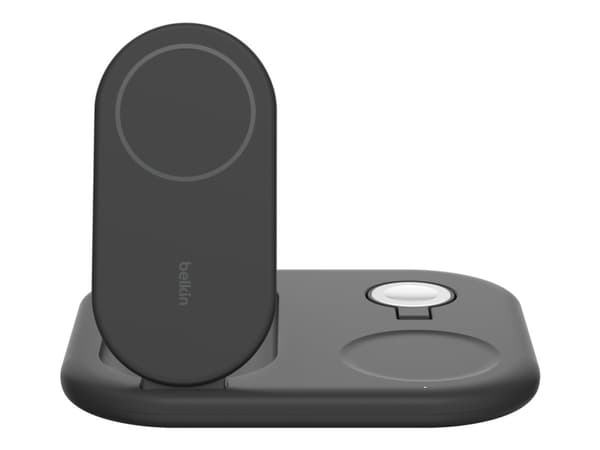 Belkin BoostCharge 3-in-1 - Trådløst ladestativ - magnetisk, sammenleggbar, med Qi2 + AC-strømadapter - 15 watt - Fast Charge - svart Sort