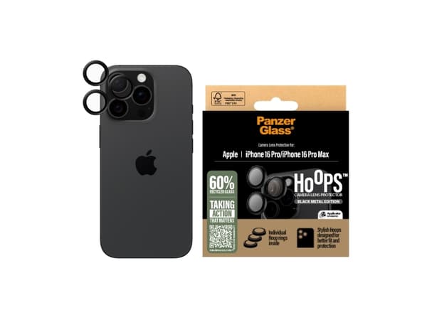 PanzerGlass ® Hoops® Black Camera Lens Protector iPhone 16 Pro | 16 Pro Max, Apple, Apple - iPhone 16 Pro, Apple - iPhone 16 Pro Max, Dry application