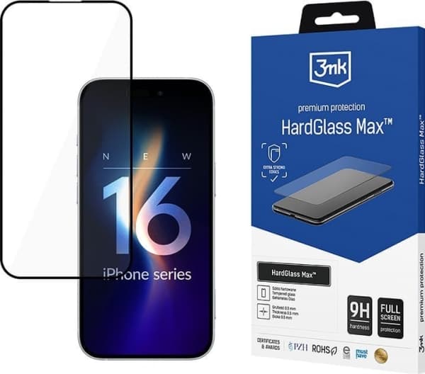 3MK HardGlass Max, Apple, iPhone 16 Pro, Fallsäker, Reptålig, Svart, Transparent, 1 styck