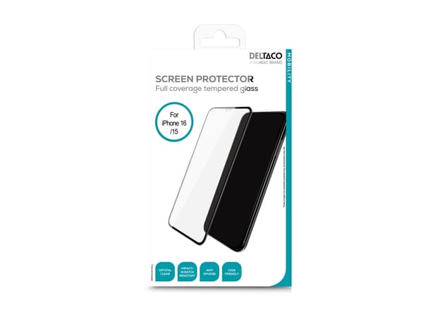 DELTACO - Skjermbeskyttelse for mobiltelefon - hel dekning - 2.5D - glass - rammefarge svart - for Apple iPhone 15, 16