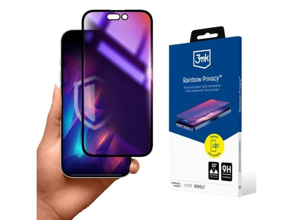 3MK Rainbow Privacy, Apple, iPhone 16 Pro Max, Anti-bakteriel, Smudsafvisende, Slagbestandig, Ridseresistent, Transparent, 1 stk