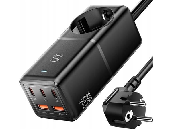 Väggladdare, Essager, ECTAC-BRB01-Z, GaN, 3xUSB-C, 2xUSB-A, AC-uttag, 75W (svart)