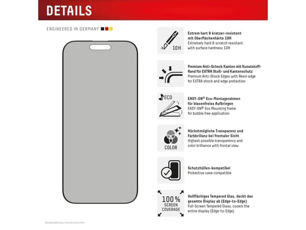 Displex 02000, Apple, iPhone 16 Pro Max, Tørr påføring, Skittbestandig, Slagbestandig, Ripebestandig, Sort, Gjennomsiktig, 1 stykker