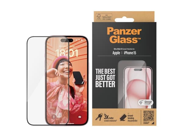PanzerGlass ® Näytönsuoja iPhone 15 | Ultra-Wide Fit, Apple, Apple - iPhone 15, kuivakäyttö, iskunkestävä, läpinäkyvä, 1 kpl