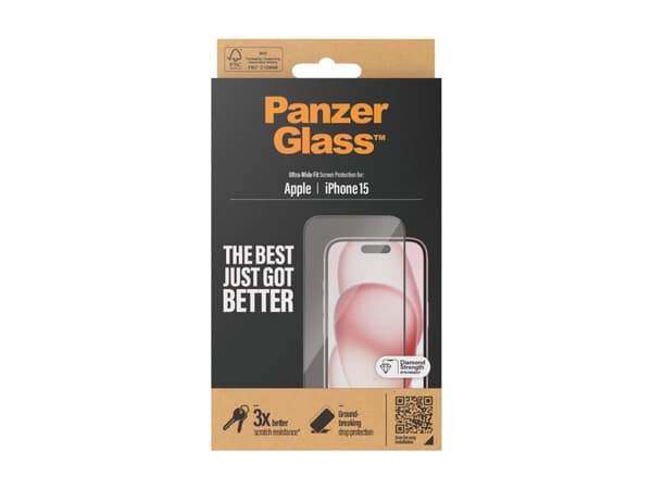 PanzerGlass ® Näytönsuoja iPhone 15 | Ultra-Wide Fit, Apple, Apple - iPhone 15, kuivakäyttö, iskunkestävä, läpinäkyvä, 1 kpl