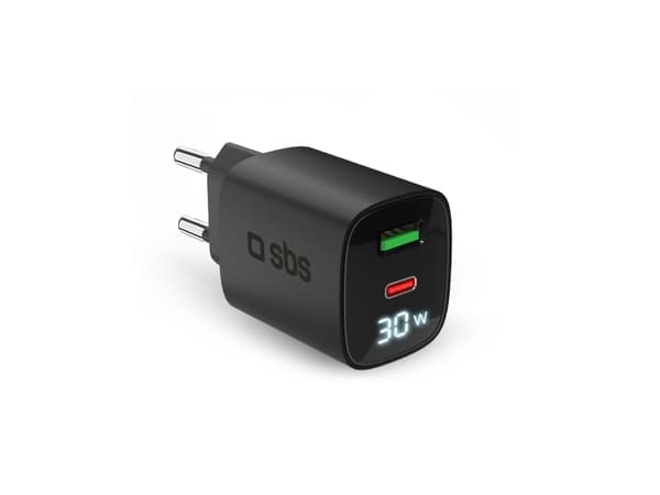 30W SBS GaN-laturi, USB-C, LCD, Juodas, Juodas musta