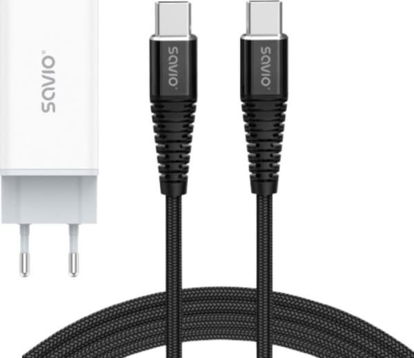 Savio 65W GaN LA-07 verkkovirtalaturi 100W C-USB-kaapelilla 1m, valkoinen ja musta