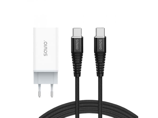 Savio 65W GaN LA-07 verkkovirtalaturi 100W C-USB-kaapelilla 1m, valkoinen ja musta