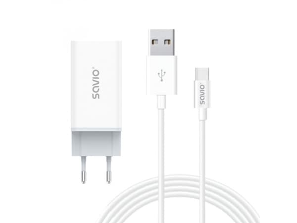 Savio lader 65W Savio GaN LA-07 vegglader med USB-A-USB type C kabel 1 m, hvit