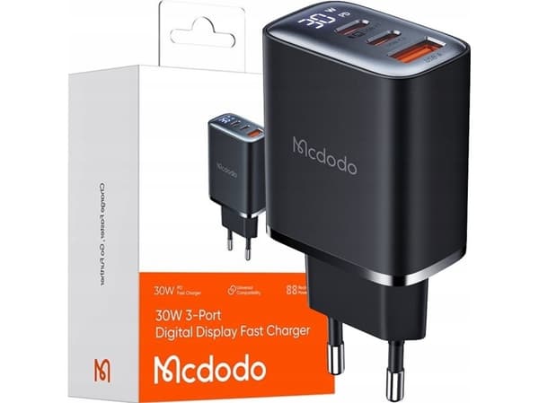 Mcdodo lader MCDODO RASK NETTVERKSLADER FOR IPHONE 2XUSB-C 1XUSB PD 30W LED METER