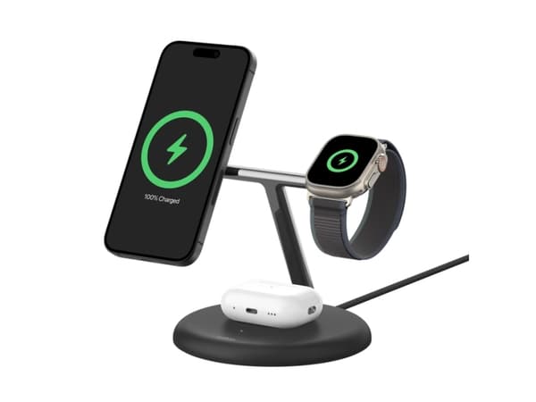 Belkin BoostCharge Pro 3-in-1 - Trådløst ladestativ - magnetisk med Qi2 + AC-strømadapter - 15 watt - Fast Charge - svart