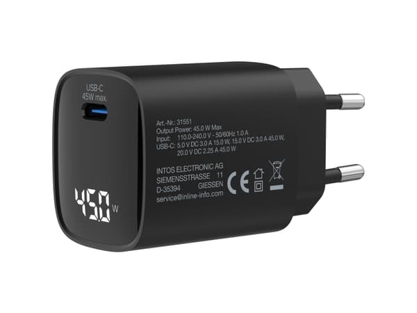 InLine USB PD -virtalähde - GaN-laturi - 1-porttinen - USB-C - 45W - näytöllä (31551)