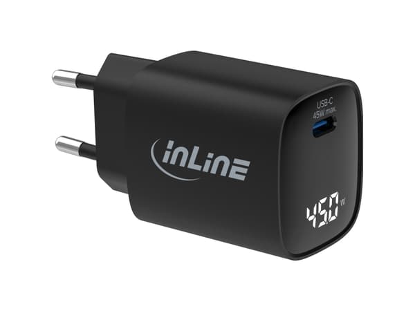 InLine USB PD -virtalähde - GaN-laturi - 1-porttinen - USB-C - 45W - näytöllä (31551) musta