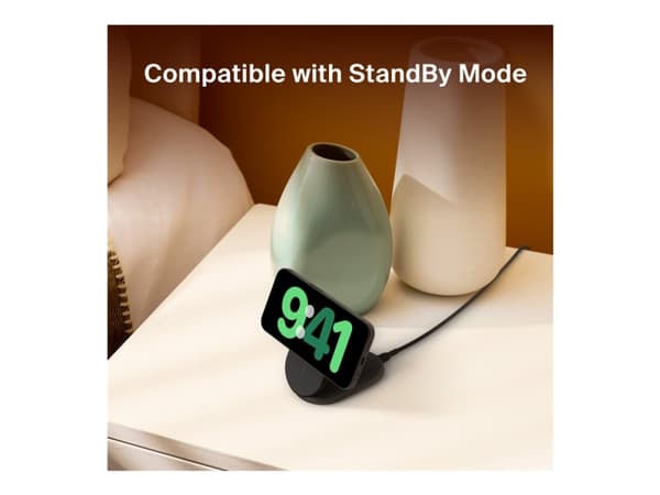 Belkin BoostCharge - Trådlöst laddställ - magnetisk, hopfällbar, med Qi2 + växelströmsadapter - 15 Watt - 3 A - Fast Charge, Strömmatning 3.1 - svart