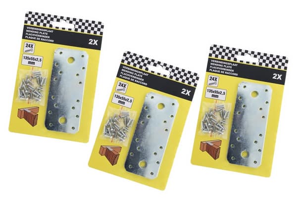 Sarja 6 metallista liitäntälevyä ruuveilla (135x55x2,5 mm, suorat kappaleet)