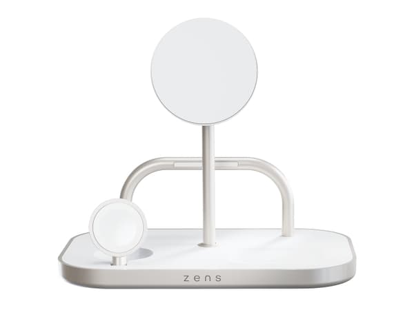 ZENS 4-in-1 Magnetic + Watch Wireless Charger - Trådløst ladestativ + AC-strømadapter - 65 watt - Fast Charge - hvit/sølv