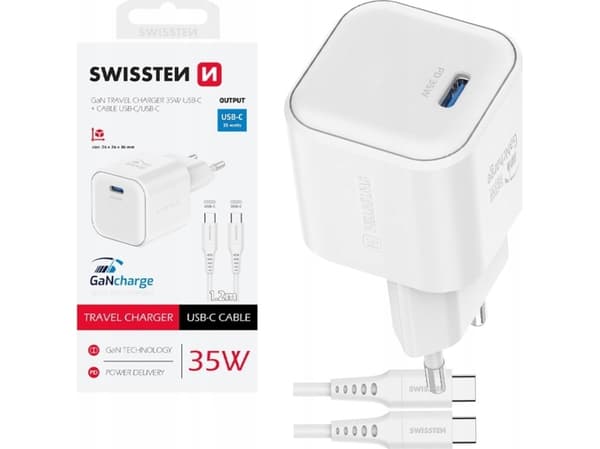 Swissten Tīkla Lādētājs GaN USB-C 35W PD + Datu kabelis USB-C - USB-C 1.2m