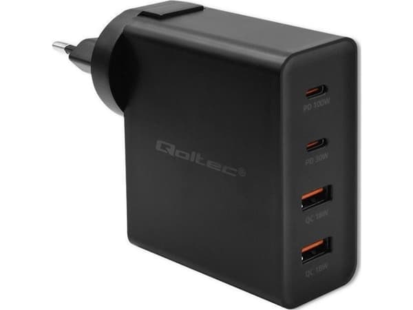 Qoltec GaN POWER PRO Charger | 2xUSB-C | 2xUSB | 130W | 5-20V | 1.5-5A | XP | Black