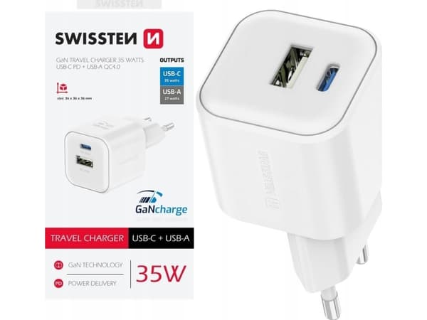 SWISSTEN GaN nettverksadapter 35W, 2-porter, USB-A + USB-C, Smart IC