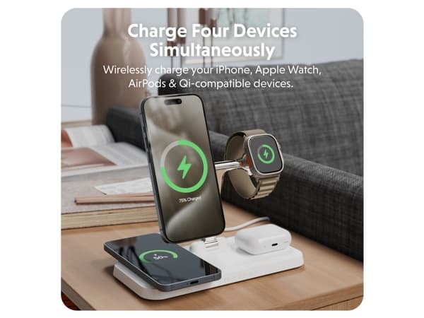 Targus HyperJuice Next - Trådlöst laddställ - 4-i-1 + växelströmsadapter - 15 Watt - 3 A - Fast Charge - 4 utdatakontakter - vit
