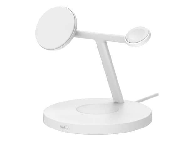 Belkin BoostCharge Pro 3-in-1 - Trådlöst laddställ - med Qi2 + växelströmsadapter - 15 Watt - Fast Charge - vit