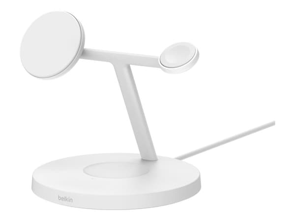 Belkin BoostCharge Pro 3-in-1 - Trådlöst laddställ - med Qi2 + växelströmsadapter - 15 Watt - Fast Charge - vit