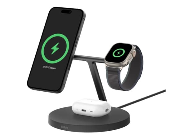 Belkin BoostCharge Pro 3-in-1 - Trådløst ladestativ - med Qi2 + AC-strømadapter - 15 watt - Fast Charge - svart