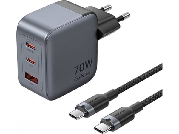 GaN Vention USB-C+C+A 70W laturi + USB-C-kaapeli 1m (harmaa)