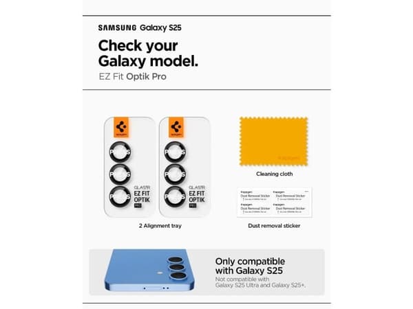 Spigen Glas.tR EZ Fit Optik Pro, Samsung, Galaxy S25, Dammresistent, Reptålig, Svart, Transparent, 2 styck
