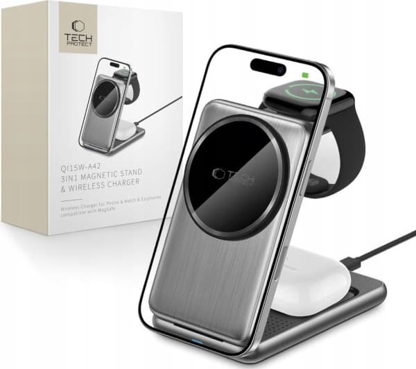Tech-Protect QI15W-A42 3in1 Magnetic MagSafe trådløs lader Space Grey