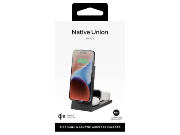 Native Union Rise 3-i-1 INT Qi2 trådløs lader - 15W Qi2 trådløs lader for tre enheter som er kompatible med MagSafe, adapter og EU og UK plugger i, d