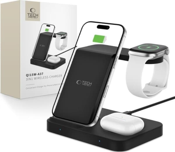 TECH-PROTECT QI15W-A37 3IN1 WIRELESS CHARGER FOR ANDROID & APPLE BLACK
