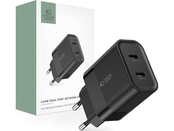Tech-Protect Lader PD 20W Vegglader 2x USB-C Tech-Protect C20W svart