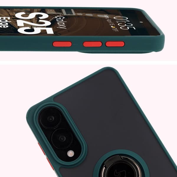 Bizon Case Hybrid Sormussuojakuori Galaxy S25 Edgelle, savunpunainen ja tummanvihreällä kehyksellä