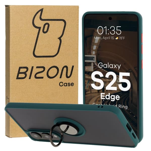 Bizon Case Hybrid Sormussuojakuori Galaxy S25 Edgelle, savunpunainen ja tummanvihreällä kehyksellä